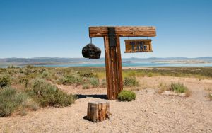 Sign above South end of Mono Lake; Mono Basin National Forest Scenic Area, California, USA