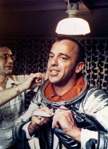Alan Shepard, America’s first man in space, puts on his Navy Mark IV spacesuit