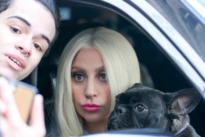 Lady Gaga's dog Asia gets her first selfie with a fan while leaving New York City. Pictured: Lady Gaga Ref: SPL964520  010315   Picture by: Felipe Ramales / Splash News Splash News and Pictures Los Angeles:310-821-2666 New York:212-619-2666 London:870-934-2666 photodesk@splashnews.com 
