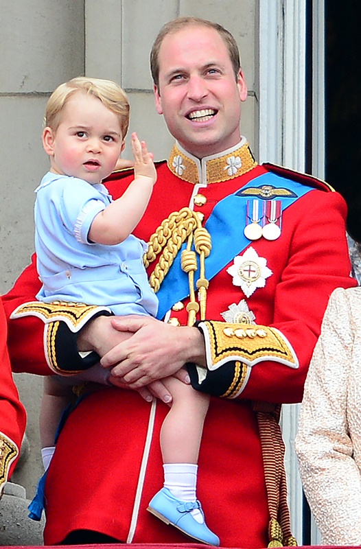 Members of the Royal Family attend the Trooping the Colour and Queen's Birthday Parade at Buckingham Palace in London, UK on June 13, 2015. Pictured: Prince George of Cambridge, Duke of Cambridge, Prince William Ref: SPL1053195  130615   Picture by: James Whatling Splash News and Pictures Los Angeles:	310-821-2666 New York:	212-619-2666 London:	870-934-2666 photodesk@splashnews.com 