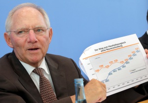 epa04295506 German Minister of Finance Wolfgang Schaeuble shows a statistic as he speaks in front the Federal Press Conference in Berlin, Germany, 02 July 2014. He presented the government draft for the federal budget for 2015 and the financial plan from 2014 until 2018. Title of the statistic reads: 'The path to budget balancing without new indebtedness'.  EPA/Wolfgang Kumm