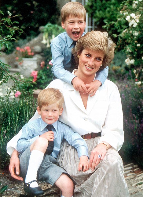 Diana Princess of Wales with her sons Prince William and Prince Harry at Highgrove in 1988.
