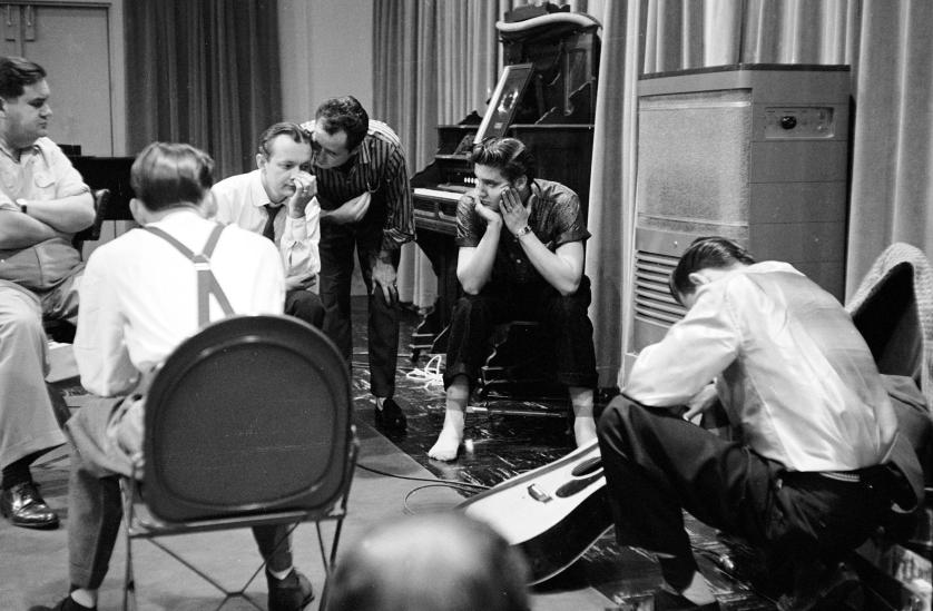 Singer Elvis Presley (2R) in recording studio.  (Photo by Don Cravens/The LIFE Images Collection/Getty Images)