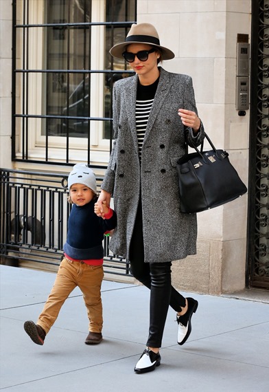 Australian fashion model Miranda Kerr and her son Flynn Bloom enjoy a warm day on the Upper East Side in New York City