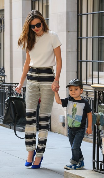 Miranda Kerr hold hands with son Flynn Bloom in New York City
