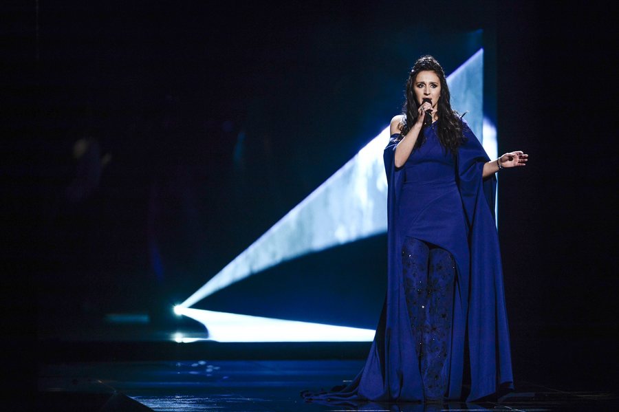 epa05306866 Ukraine's performs her winning song '1944' during the 61st annual Eurovision Song Contest (ESC) at the Ericsson Globe Arena in Stockholm, Sweden, 14 May 2016. There were 26 finalists competing in the grand final. EPA/MAJA SUSLIN SWEDEN OUT