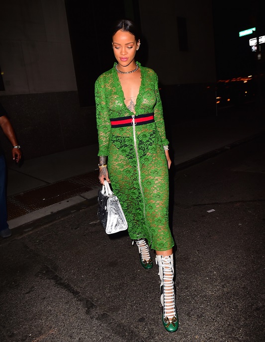 Rihanna was spotted out in NYC on Wednesday evening, as she headed to dinner with family at the Edition Hotel. The  singer put on a stunning display in Gucci SS16, wearing a green, lace dress.  Pictured: Rihanna Ref: SPL1291404  260516   Picture by: 247PAPS.TV / Splash News Splash News and Pictures Los Angeles:	310-821-2666 New York:	212-619-2666 London:	870-934-2666 photodesk@splashnews.com 