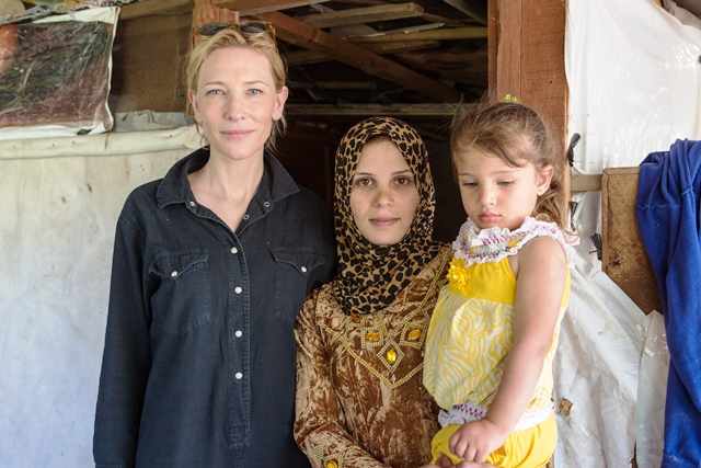 Cate Blanchett (UNHCR High Profile Supporter) with Walaa and her daughter Fatme (3). Walaa lives with her family at the Aalman Informal Settlement, Chouf. Her family is one of 18 refugee families from Idleb, Syria.