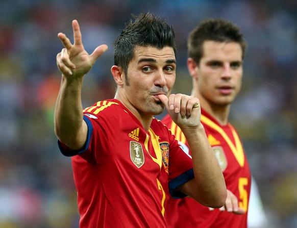 RIO DE JANEIRO, BRAZIL - JUNE 20: David Villa of Spain celebrates scoring his team's fifth goal during the FIFA Confederations Cup Brazil 2013 Group B match between Spain and Tahiti at the Maracana Stadium on June 20, 2013 in Rio de Janeiro, Brazil. (Photo by Ronald Martinez/Getty Images)