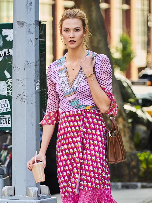 Karlie Kloss spotted wearing a pink summer dress while grabbing coffee in the West Village neighborhood of NYC Pictured: Karlie Kloss Ref: SPL1302871  150616   Picture by: J. Webber / Splash News Splash News and Pictures Los Angeles:	310-821-2666 New York:	212-619-2666 London:	870-934-2666 photodesk@splashnews.com 