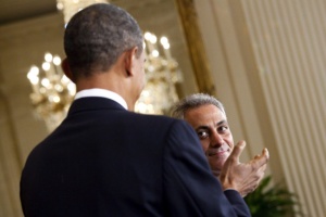 FILE -- President Barack Obama with outgoing Chief of Staff Rahm Emmanuel during his departure ceremony in the East Room of the White House in Washington, Oct. 1, 2010. Obama calls himself a “night guy,” and as president of the U.S. has come to see the long, solitary hours after dark as essential to him as his time in the Oval Office. (Drew Angerer/The New York Times)