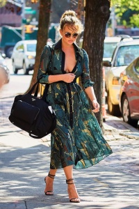 Chrissy Teigen spotted wearing a green dress while going out for lunch in NYC Pictured: Chrissy Teigen Ref: SPL1342428  290816   Picture by: J. Webber / Splash News Splash News and Pictures Los Angeles:	310-821-2666 New York:	212-619-2666 London:	870-934-2666 photodesk@splashnews.com 