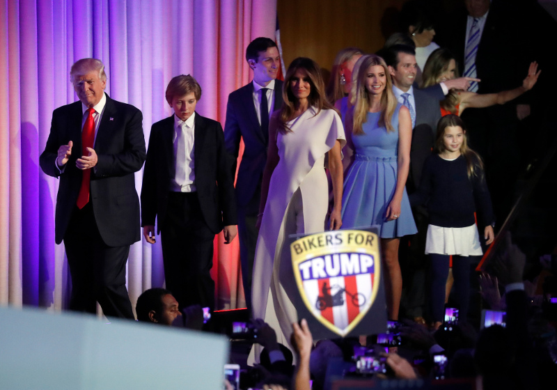 President-elect Donald Trump, left, followed by his family arrives at his election night rally, Wednesday, Nov. 9, 2016, in New York. (AP Photo/Mary Altaffer)