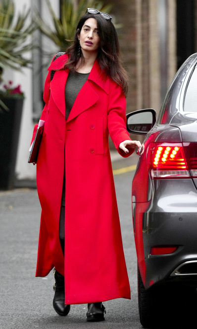 EXCLUSIVE: **PREMIUM EXCLUSIVE RATES APPLY**MUST AGREE FEES** Amal Clooney is seen looking radiant whilst out and about in London. The human rights lawyer looked amazing in a long red wool coat with her pregnant bump on show. Clooney and husband George recently announced that they are expecting twins. Pictured: Amal Clooney Ref: SPL1447636 210217 EXCLUSIVE Picture by: W8 Media / Splash News Splash News and Pictures Los Angeles: 310-821-2666 New York: 212-619-2666 London: 870-934-2666 photodesk@splashnews.com 